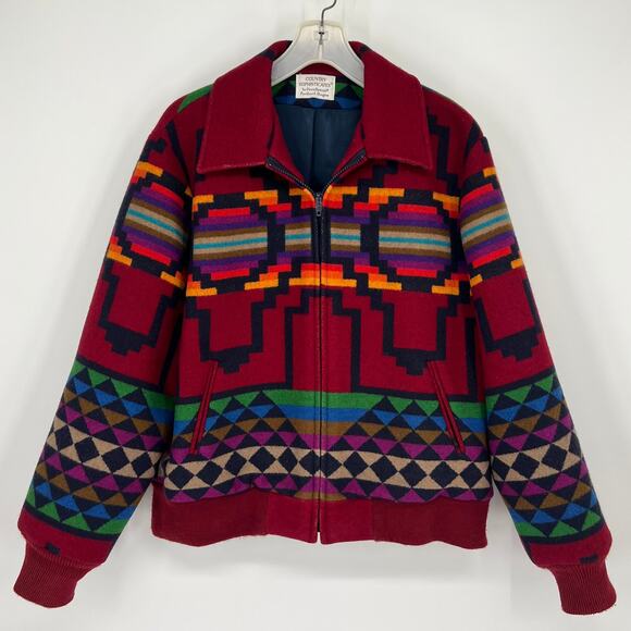 Vintage 70s Country Sophisticates Pendleton Red Aztec Wool Blend Jacket Large - Picture 1 of 6